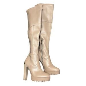 Guess Boots Womens 6 Taupe Over The Knee Faux Leather Chunky High Heel Taylin